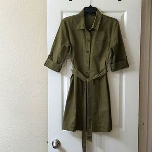 Roll-Up Sleeve Tie Waist Utility Shirt Dress